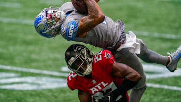 Oct 25, 2020; Atlanta, Georgia, USA; Detroit Lions wide receiver Kenny Golladay (19) makes a catch over Atlanta Falcons safety Keanu Neal (22) during the second half at Mercedes-Benz Stadium. Mandatory Credit: Dale Zanine-USA TODAY Sports