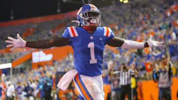 University of Florida receiver Kadarius Toney (1) celebrates a touchdown during a game against the Missouri Tigers at Ben Hill Griffin Stadium in Gainesville, Fla. Oct. 31, 2020. [Brad McClenny/The Gainesville Sun]Florida Missouri 27