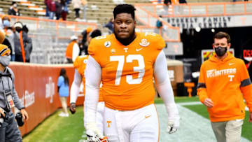 Tennessee offensive lineman Trey Smith (73) walks off the field for the final time after a SEC game between the Tennessee Volunteers and the Texas A&M Aggies held at Neyland Stadium in Knoxville, Tenn., on Saturday, December 19, 2020.Kns Vols Football Texas A M Bp