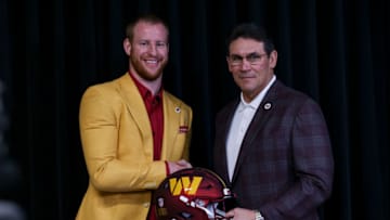 Washington Commanders QB Carson Went and HC Ron Rivera at Inova Sports Performance Center Auditorium. Mandatory Credit: John McCreary-USA TODAY Sports