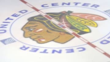 Jun 11, 2013; Chicago, IL, USA; A general view of the Chicago Blackhawks logo on the ice during media day in preparation for game one of the 2013 Stanley Cup Fina against the Boston Bruins at the United Center. Mandatory Credit: Rob Grabowski-USA TODAY Sports