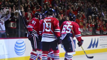 Jan 24, 2016; Chicago, IL, USA; Chicago Blackhawks center Andrew Shaw (65) reacts after scoring a goal against St. Louis Blues goalie Brian Elliott (not pictured) during the third period at the United Center. Chicago defeats St. Louis 2-0. Mandatory Credit: Mike DiNovo-USA TODAY Sports