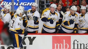 Jan 12, 2016; Chicago, IL, USA; Nashville Predators center Mike Ribeiro (63) celebrates with teammates on th bench after scoring a goal during the second period against the Chicago Blackhawks at the United Center. Mandatory Credit: Dennis Wierzbicki-USA TODAY Sports
