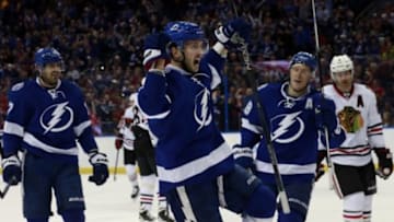 Jan 21, 2016; Tampa, FL, USA; Tampa Bay Lightning right wing Nikita Kucherov (86) celebrates as he scores a goal against the Chicago Blackhawks during the second period at Amalie Arena. Mandatory Credit: Kim Klement-USA TODAY Sports