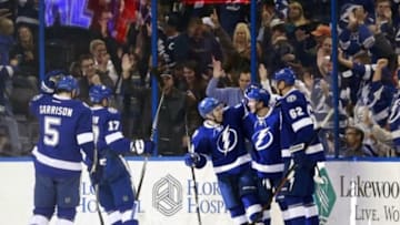Jan 19, 2016; Tampa, FL, USA; Tampa Bay Lightning right wing Nikita Kucherov (86) is congratulated after he scores a goal against the Edmonton Oilers during the first period at Amalie Arena. Mandatory Credit: Kim Klement-USA TODAY Sports