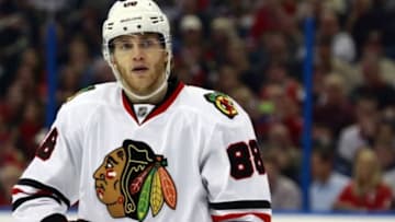 Jan 21, 2016; Tampa, FL, USA; Chicago Blackhawks right wing Patrick Kane (88) against the Tampa Bay Lightning during the third period at Amalie Arena. Tampa Bay Lightning defeated the Chicago Blackhawks 2-1. Mandatory Credit: Kim Klement-USA TODAY Sports