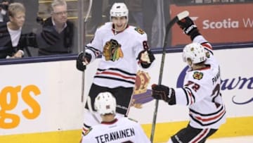 Jan 15, 2016; Toronto, Ontario, CAN; Chicago Blackhawks right wing Patrick Kane (88) celebrates his third goal of the game with teammates in the third period against the Toronto Maple Leafs at Air Canada Centre. The Blackhawks beat the Maple Leafs 4-1. Mandatory Credit: Tom Szczerbowski-USA TODAY Sports