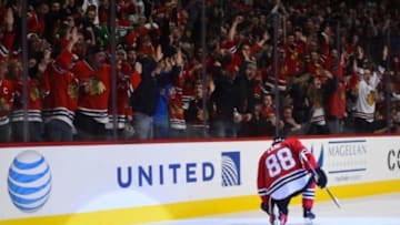 Nov 8, 2015; Chicago, IL, USA; Chicago Blackhawks right wing Patrick Kane (88) reacts after scoring a goal against the Edmonton Oilers during the third period at the United Center. The Chicago Blackhawks defat the Edmonton Oilers 4-2. Mandatory Credit: Mike DiNovo-USA TODAY Sports