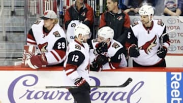 Jan 26, 2016; Winnipeg, Manitoba, CAN; Arizona Coyotes center Brad Richardson (12) celebrates his goal with teammates during the second period against the Winnipeg Jets at MTS Centre. Mandatory Credit: Bruce Fedyck-USA TODAY Sports