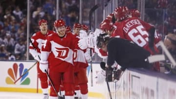Feb 27, 2016; Denver, CO, USA; Detroit Red Wings center Gustav Nyquist (14) celebrates with teammates after scoring a goal against the Colorado Avalanche in the third period during a Stadium Series hockey game at Coors Field. Mandatory Credit: Isaiah J. Downing-USA TODAY Sports