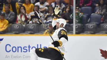 Jan 31, 2016; Nashville, TN, USA; Pacific Division forward John Scott (28) of the Montreal Canadiens celebrates after a goal during the 2016 NHL All Star Game at Bridgestone Arena. Mandatory Credit: Christopher Hanewinckel-USA TODAY Sports