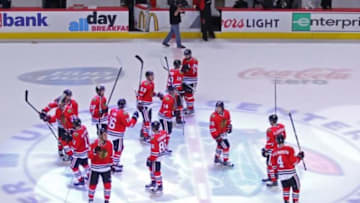 Feb 28, 2016; Chicago, IL, USA; The Chicago Blackhawks celebrate their victory following the third period against the Washington Capitals at the United Center. Chicago won 3-2. Mandatory Credit: Dennis Wierzbicki-USA TODAY Sports