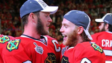 Jun 15, 2015; Chicago, IL, USA; Chicago Blackhawks center Jonathan Toews (19) celebrates with right wing Patrick Kane (88) after defeating the Tampa Bay Lightning in game six of the 2015 Stanley Cup Final at United Center. Mandatory Credit: Dennis Wierzbicki-USA TODAY Sports