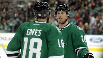 Mar 19, 2016; Dallas, TX, USA; Dallas Stars center Cody Eakin (20) talks with right wing Patrick Eaves (18) during a time out in the game against the New York Islanders at American Airlines Center. Dallas won 3-0. Mandatory Credit: Tim Heitman-USA TODAY Sports
