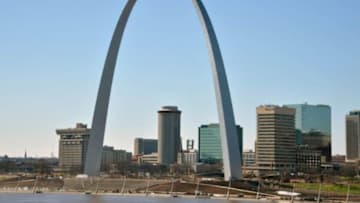Dec 17, 2015; St. Louis, MO, USA; General view of the Gateway Arch and the St. Louis skyline and the Mississippi River. The site is the proposed location of a riverfont stadium for the St. Louis Rams to replace the Edward Jones Dome. Mandatory Credit: Kirby Lee-USA TODAY Sports