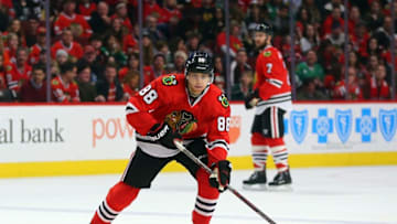 Mar 20, 2016; Chicago, IL, USA; Chicago Blackhawks right wing Patrick Kane (88) with the puck during the first period against the Minnesota Wild at the United Center. Mandatory Credit: Dennis Wierzbicki-USA TODAY Sports