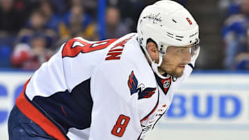 Apr 9, 2016; St. Louis, MO, USA; Washington Capitals left wing Alex Ovechkin (8) looks on in the game against the St. Louis Blues during the first period at Scottrade Center. Mandatory Credit: Jasen Vinlove-USA TODAY Sports