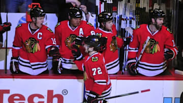 Apr 3, 2016; Chicago, IL, USA; Chicago Blackhawks left wing Artemi Panarin (72) celebrates his goal against the Boston Bruins during the second period at the United Center. Mandatory Credit: David Banks-USA TODAY Sports
