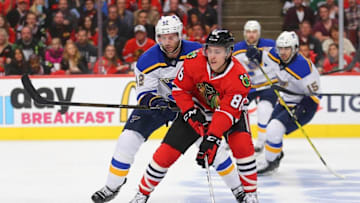 Apr 23, 2016; Chicago, IL, USA; Chicago Blackhawks left wing Teuvo Teravainen (86) is pursued by St. Louis Blues center David Backes (42) during the first period in game six of the first round of the 2016 Stanley Cup Playoffs at the United Center. Mandatory Credit: Dennis Wierzbicki-USA TODAY Sports