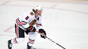 Mar 11, 2016; Dallas, TX, USA; Chicago Blackhawks defenseman Duncan Keith (2) skates against the Dallas Stars during the game at the American Airlines Center. The Stars defeat the Blackhawks 5-2. Mandatory Credit: Jerome Miron-USA TODAY Sports