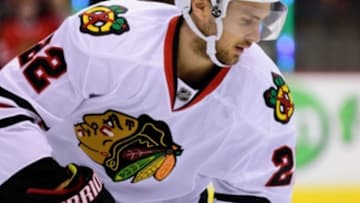 Mar 27, 2016; Vancouver, British Columbia, CAN; Chicago Blackhawks forward Marcus Kruger (22) warms up against the Vancouver Canucks at Rogers Arena.The Chicago Blackhawks won 3-2. Mandatory Credit: Anne-Marie Sorvin-USA TODAY Sports