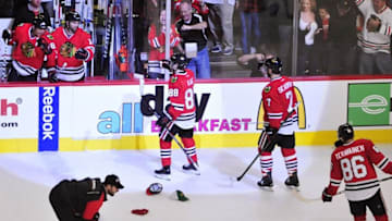 Apr 3, 2016; Chicago, IL, USA; Chicago Blackhawks right wing Patrick Kane (88) is greeted after scoring his third goal against the Boston Bruins during the second period at the United Center. Mandatory Credit: David Banks-USA TODAY Sports
