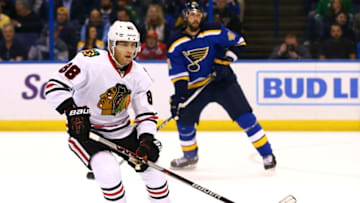 Apr 21, 2016; St. Louis, MO, USA; Chicago Blackhawks right wing Patrick Kane (88) in action during the first period in game five of the first round of the 2016 Stanley Cup Playoffs at against the St. Louis Blues Scottrade Center. Mandatory Credit: Billy Hurst-USA TODAY Sports