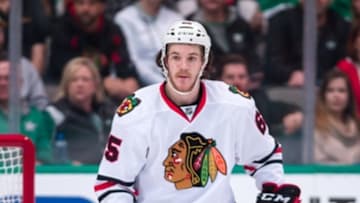 Mar 11, 2016; Dallas, TX, USA; Chicago Blackhawks center Andrew Shaw (65) skates against the Dallas Stars during the game at the American Airlines Center. The Stars defeat the Blackhawks 5-2. Mandatory Credit: Jerome Miron-USA TODAY Sports