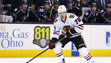 Apr 9, 2016; Columbus, OH, USA; Chicago Blackhawks left wing Artemi Panarin (72) against the Columbus Blue Jackets at Nationwide Arena. The Blue Jackets won 5-4 in overtime. Mandatory Credit: Aaron Doster-USA TODAY Sports