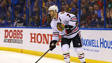 Apr 15, 2016; St. Louis, MO, USA; Chicago Blackhawks defenseman Brent Seabrook (7) skates with the puck during game two of the first round of the 2016 Stanley Cup Playoffs against the St. Louis Blues at Scottrade Center. The Blackhawks won the game 3-2. Mandatory Credit: Billy Hurst-USA TODAY Sports