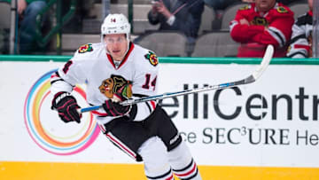 Mar 11, 2016; Dallas, TX, USA; Chicago Blackhawks right wing Richard Panik (14) skates against the Dallas Stars during the game at the American Airlines Center. The Stars defeat the Blackhawks 5-2. Mandatory Credit: Jerome Miron-USA TODAY Sports
