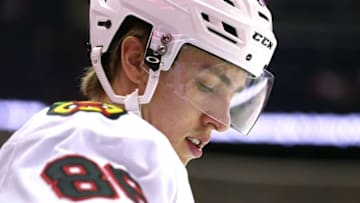 Apr 9, 2016; Columbus, OH, USA; Chicago Blackhawks left wing Teuvo Teravainen (86) against the Columbus Blue Jackets at Nationwide Arena. The Blue Jackets won 5-4 in overtime. Mandatory Credit: Aaron Doster-USA TODAY Sports