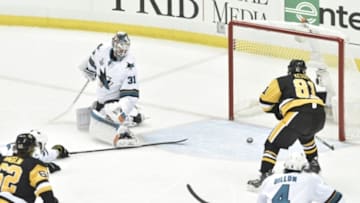 Jun 1, 2016; Pittsburgh, PA, USA; Pittsburgh Penguins right wing Phil Kessel (81) scores a goal past San Jose Sharks goalie Martin Jones (31) in the second period in game two of the 2016 Stanley Cup Final at Consol Energy Center. Mandatory Credit: Don Wright-USA TODAY Sports