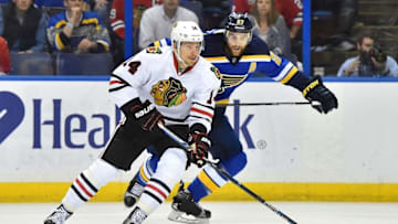 Apr 25, 2016; St. Louis, MO, USA; St. Louis Blues defenseman Alex Pietrangelo (27) chases Chicago Blackhawks right wing Richard Panik (14) during the first period in game seven of the first round of the 2016 Stanley Cup Playoffs at Scottrade Center. Mandatory Credit: Jasen Vinlove-USA TODAY Sports