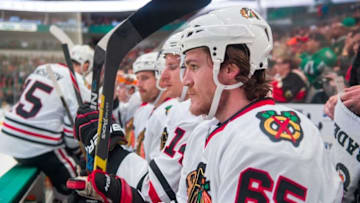 Mar 11, 2016; Dallas, TX, USA; Chicago Blackhawks center Andrew Shaw (65) waits for play to begin against the Dallas Stars at the American Airlines Center. The Stars defeat the Blackhawks 5-2. Mandatory Credit: Jerome Miron-USA TODAY Sports