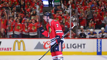 Apr 17, 2016; Chicago, IL, USA; Chicago Blackhawks defenseman Brent Seabrook (7) celebrates scoring a goal during the first period in game three of the first round of the 2016 Stanley Cup Playoffs against the St. Louis Blues at the United Center. Mandatory Credit: Dennis Wierzbicki-USA TODAY Sports