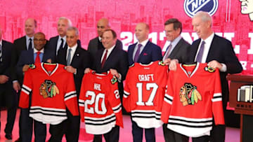 Feb 11, 2016; Chicago, IL, USA; Chicago mayor Rahm Emanuel and NHL commissioner Gary Bettman and Chicago Blackhawks Senior Vice President/General Manager Stan Bowman and Chairman Rocky Wirtz and President John McDonough (left to right) during a press conference to announce that Chicago will host the 2017 NHL Draft at United Center. Mandatory Credit: Dennis Wierzbicki-USA TODAY Sports