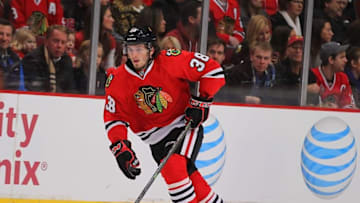 Feb 15, 2015; Chicago, IL, USA; Chicago Blackhawks right wing Ryan Hartman (38) with the puck during the first period against the Pittsburgh Penguins at the United Center. Mandatory Credit: Dennis Wierzbicki-USA TODAY Sports