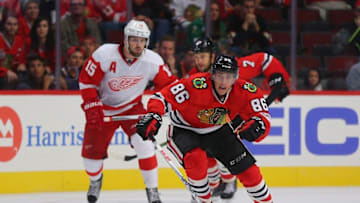 Sep 22, 2015; Chicago, IL, USA; Chicago Blackhawks left wing Teuvo Teravainen (86) skates past Detroit Red Wings center Riley Sheahan (15) during the third period at the United Center. Mandatory Credit: Dennis Wierzbicki-USA TODAY Sports