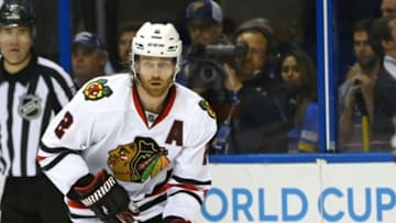 Apr 21, 2016; St. Louis, MO, USA; Chicago Blackhawks defenseman Duncan Keith (2) skates with the puck during game five of the first round of the 2016 Stanley Cup Playoffs against the St. Louis Blues at Scottrade Center. The Blackhawks won the game 4-3 in double overtime. Mandatory Credit: Billy Hurst-USA TODAY Sports