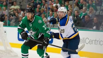 Sep 22, 2014; Dallas, TX, USA; Dallas Stars defenseman Patrik Nemeth (37) defends against St. Louis Blues center Colin Fraser (29) during the game at the American Airlines Center. The Stars defeated the Blues 4-3. Mandatory Credit: Jerome Miron-USA TODAY Sports