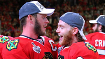 Jun 15, 2015; Chicago, IL, USA; Chicago Blackhawks center Jonathan Toews (19) celebrates with right wing Patrick Kane (88) after defeating the Tampa Bay Lightning in game six of the 2015 Stanley Cup Final at United Center. Mandatory Credit: Dennis Wierzbicki-USA TODAY Sports