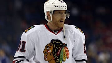 Jan 21, 2016; Tampa, FL, USA; Chicago Blackhawks right wing Marian Hossa (81) works out prior to the game against the Tampa Bay Lightning at Amalie Arena. Mandatory Credit: Kim Klement-USA TODAY Sports