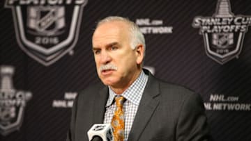Apr 21, 2016; St. Louis, MO, USA; Chicago Blackhawks head coach Joel Quenneville speaks with the media following game five of the first round of the 2016 Stanley Cup Playoffs against the St. Louis Blues at Scottrade Center. The Blackhawks won 4-3 in double overtime. Mandatory Credit: Billy Hurst-USA TODAY Sports