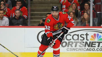 Feb 25, 2016; Chicago, IL, USA; Chicago Blackhawks defenseman Michal Rozsival (32) with the puck during the first period against the Nashville Predators at the United Center. Mandatory Credit: Dennis Wierzbicki-USA TODAY Sports