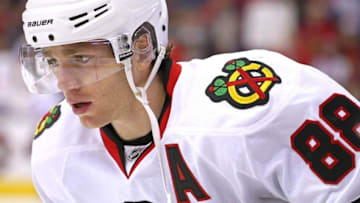 Apr 9, 2016; Columbus, OH, USA; Chicago Blackhawks right wing Patrick Kane (88) looks on during warmups prior to the game against the Columbus Blue Jackets at Nationwide Arena. Mandatory Credit: Aaron Doster-USA TODAY Sports