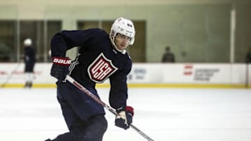Sep 7, 2016; Columbus, OH, USA; Team USA F Patrick Kane (88) takes a shot on goal during practice for the World Cup of Hockey at Nationwide Arena. Mandatory Credit: Greg Bartram-USA TODAY Sports