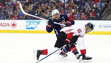 Sep 9, 2016; Columbus, OH, USA; Team USA forward Joe Pavelski (8) battles for the puck against Team Canada forward Jonathan Toews (16) in the first period during a World Cup of Hockey pre-tournament game at Nationwide Arena. Mandatory Credit: Aaron Doster-USA TODAY Sports
