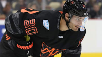 Sep 14, 2016; Pittsburgh, PA, USA; Team North America F Brandon Saad (20) at the face-off circle against Team Czech Republic during the third period in a World Cup of Hockey pre-tournament game at CONSOL Energy Center. Team Czech Republic won 3-2. Mandatory Credit: Charles LeClaire-USA TODAY Sports
