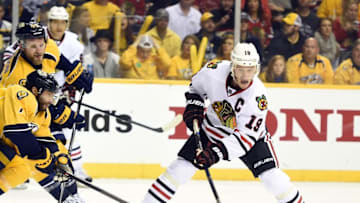 Apr 23, 2015; Nashville, TN, USA; Chicago Blackhawks center Jonathan Toews (19) controls the puck during the first period against the Nashville Predators in game five of the first round of the 2015 Stanley Cup Playoffs at Bridgestone Arena. Mandatory Credit: Christopher Hanewinckel-USA TODAY Sports
